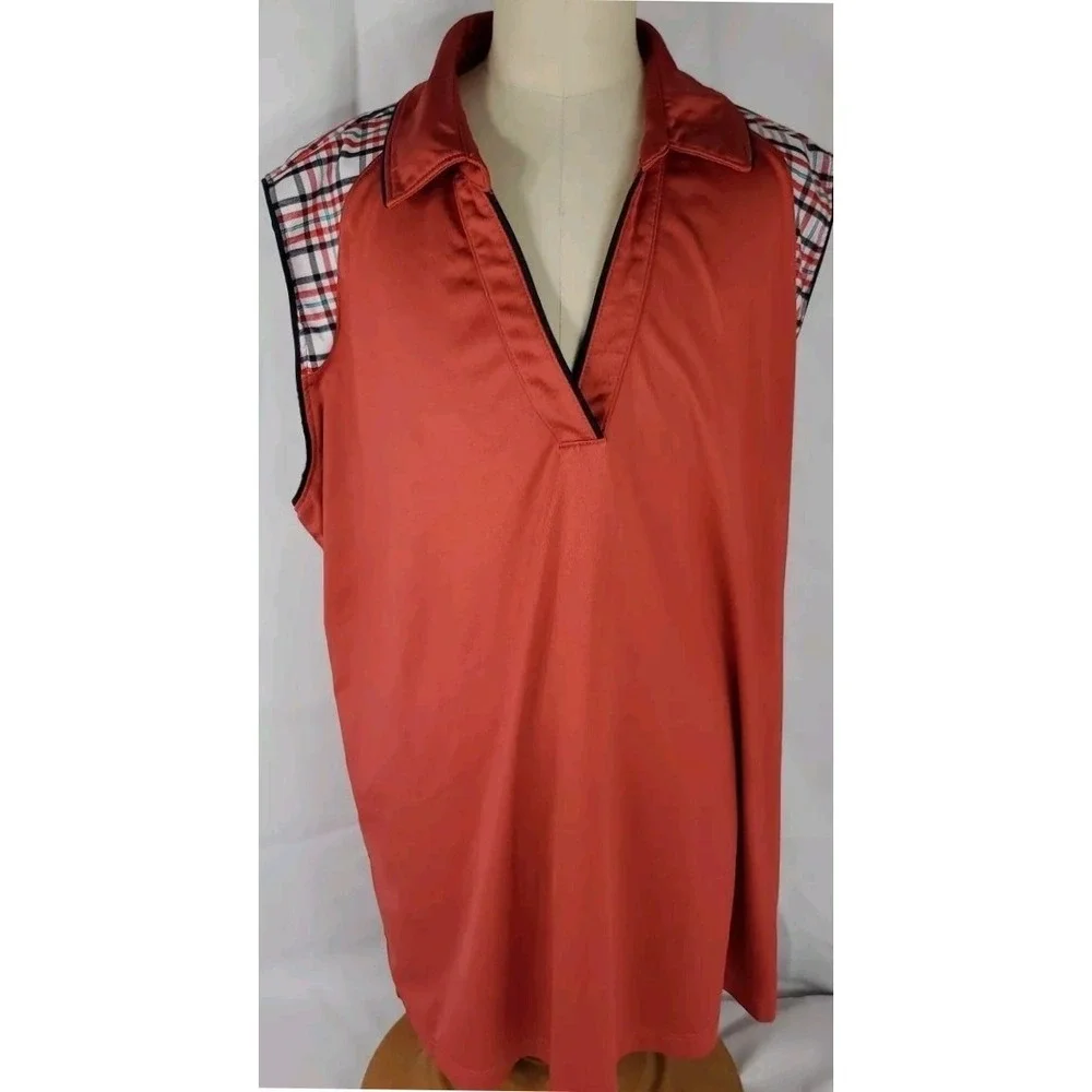 IZOD Golf Womens L Sleeveless Polo Shirt Plaid Trim V Neck Performance‎ Orange